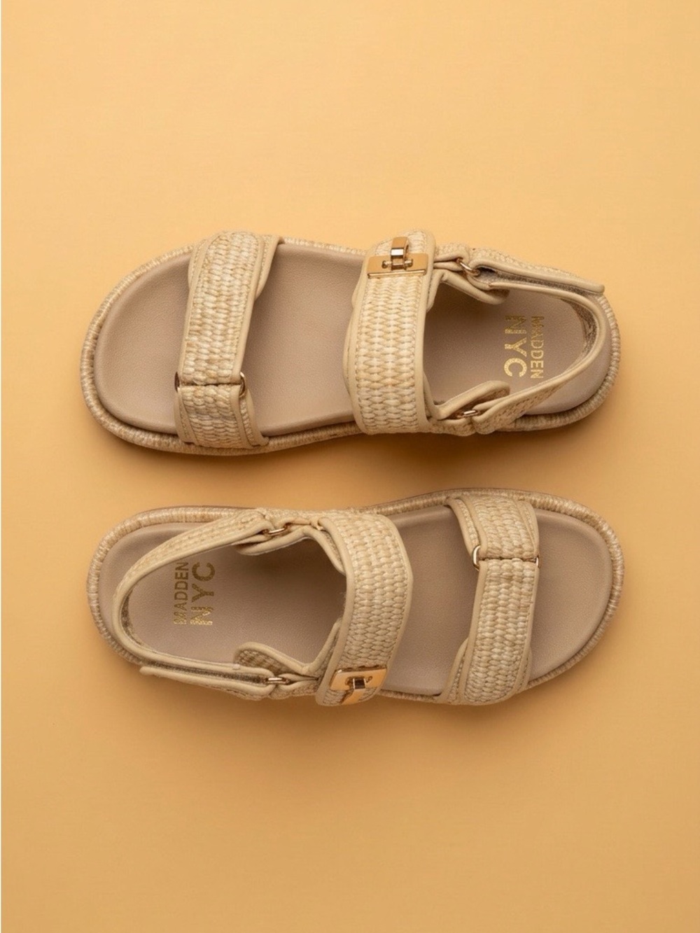 Steve Madden Kids Neutral Beige Woven Strap Sandals with Gold Buckles